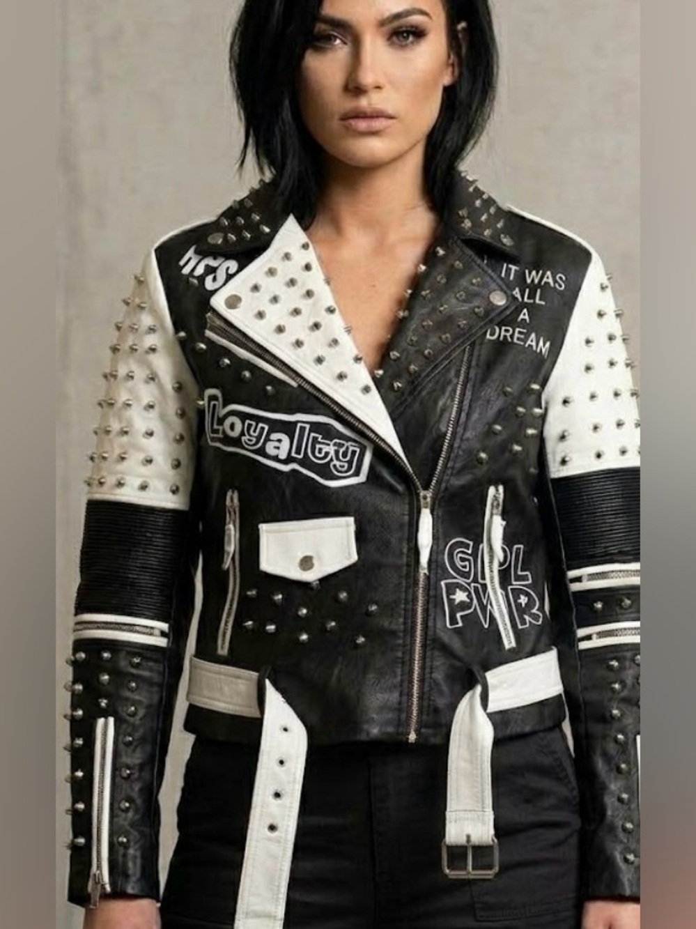Black & White Studded Leather Biker Jacket - Loyalty